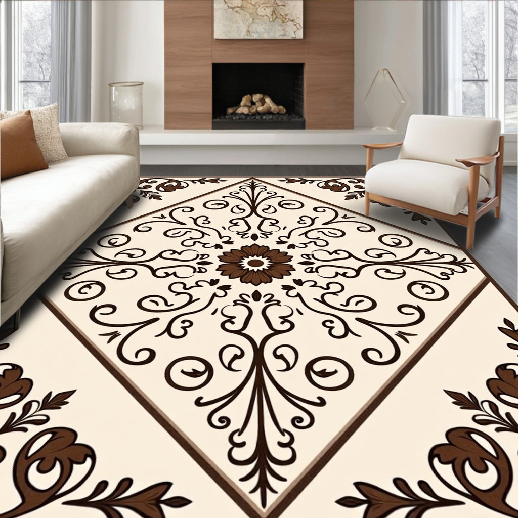 Cream Brown Floral Arabesque Square Rug