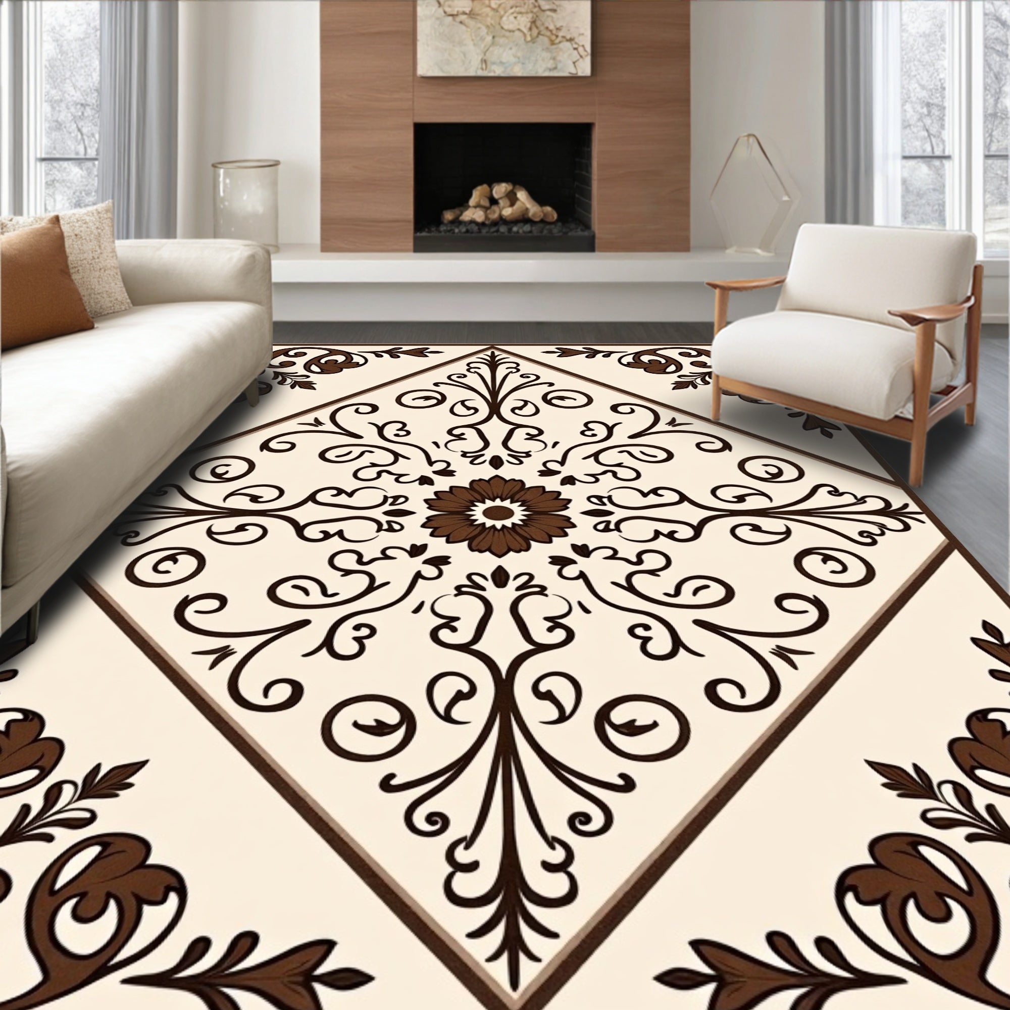 Cream Brown Floral Arabesque Square Rug