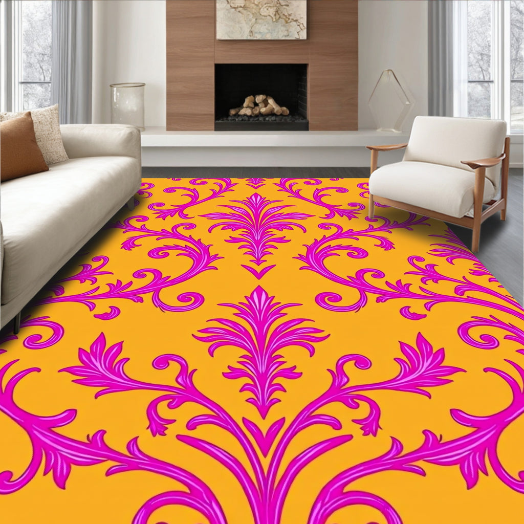 Baroque Pink Floral Ochre Rug