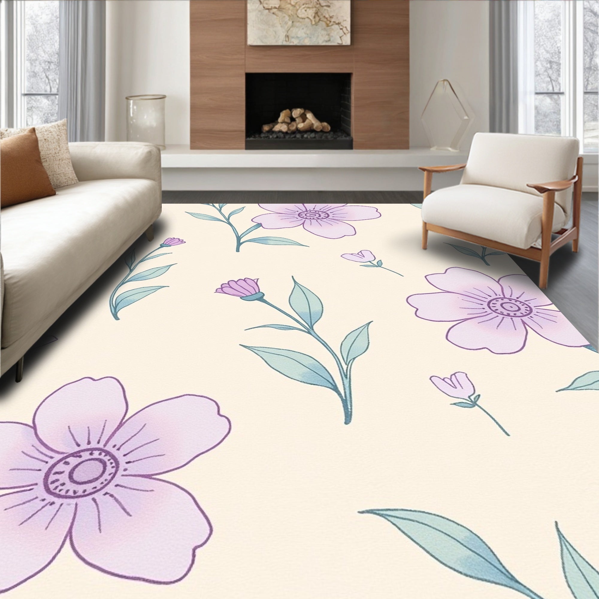 Pastel Purple Blooming Floral Sprigs Rug