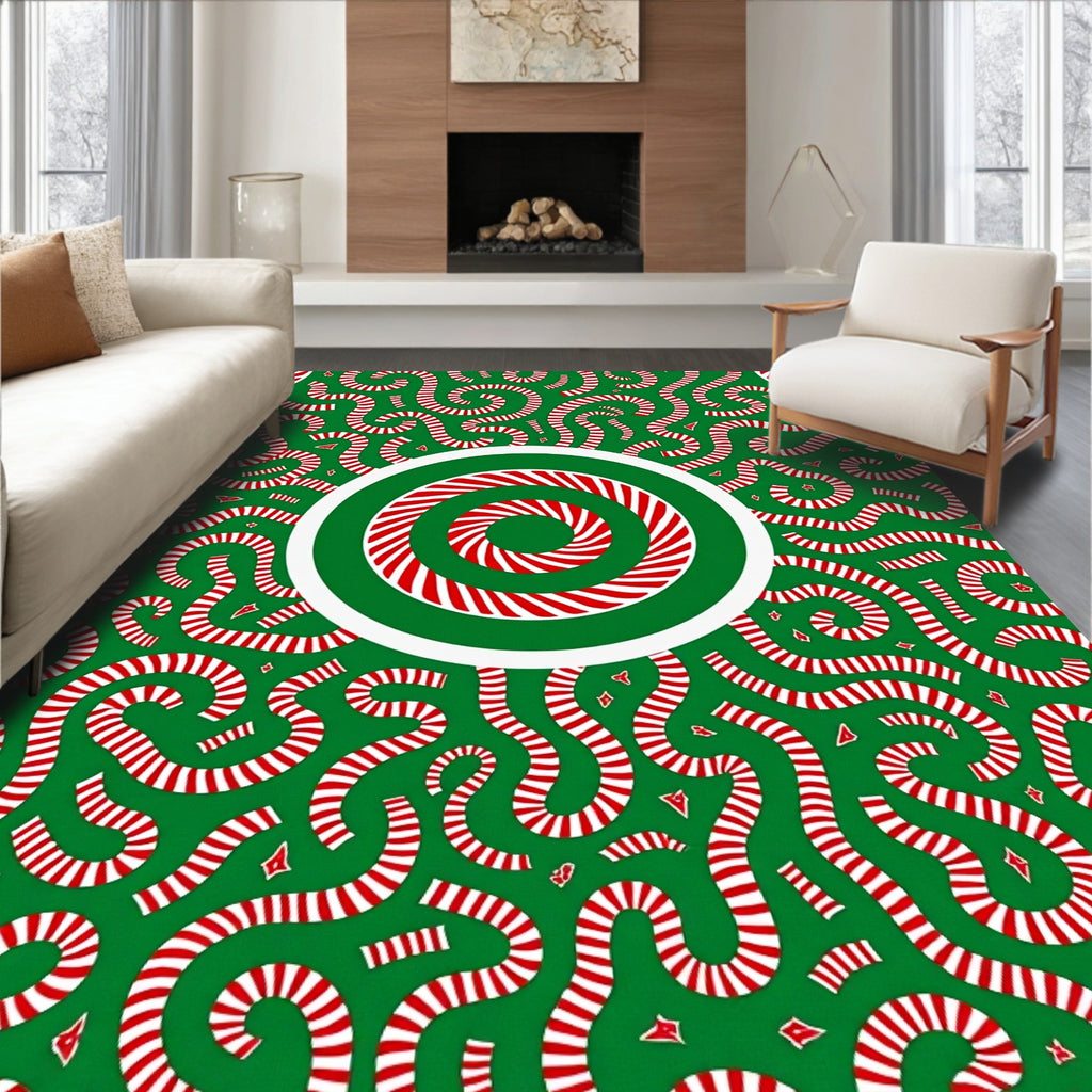 Green Red Swirled Candy Cane Medallion Rug