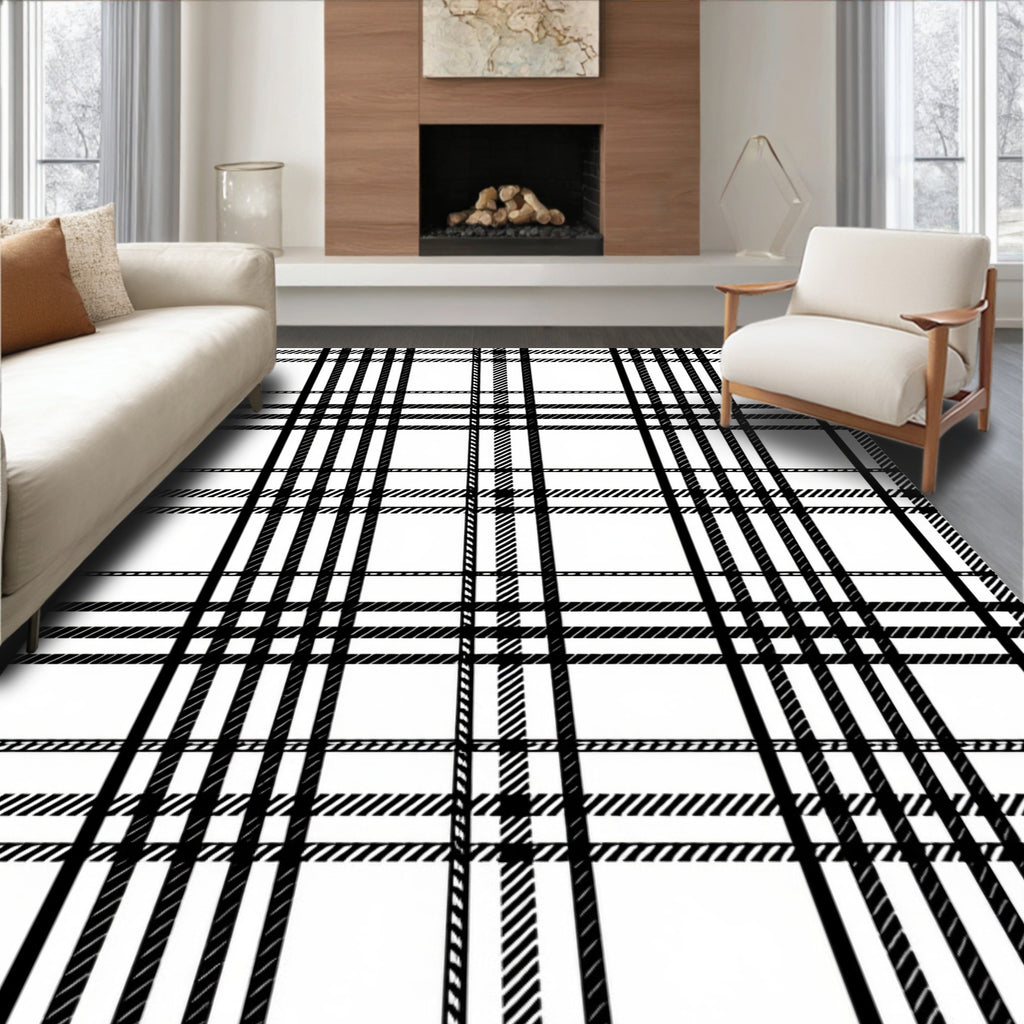 Classic Black White Plaid Lines Rug