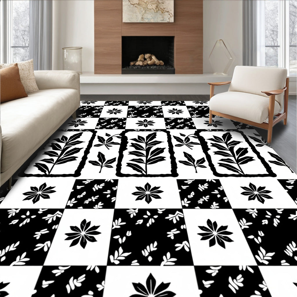 Monochrome Checkerboard Leaf And Flower Rug