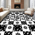 Monochrome Checkerboard Leaf And Flower Rug