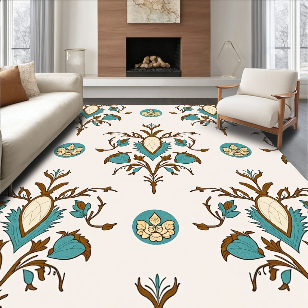 Ornate Teal Floral Scrollwork Rug