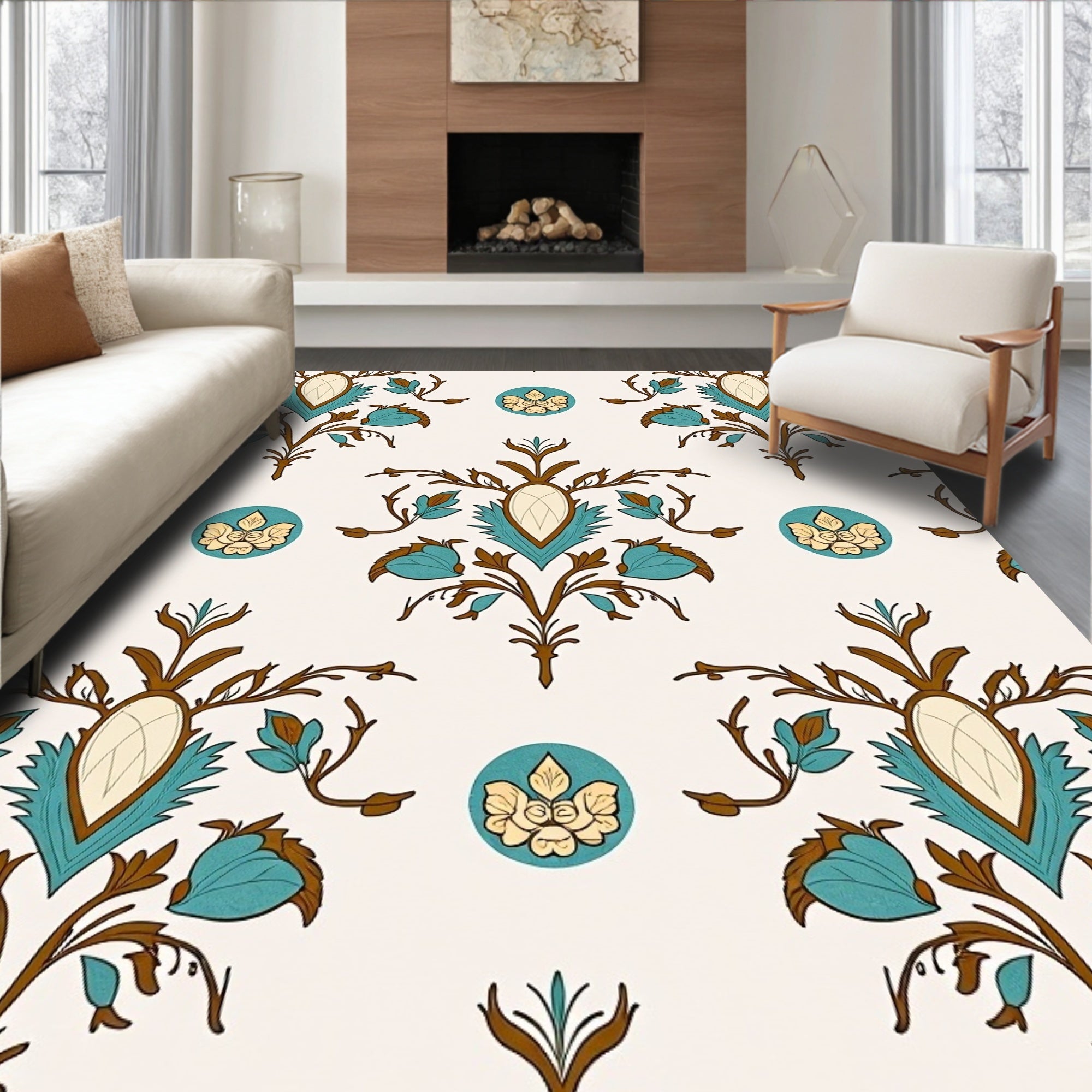 Ornate Teal Floral Scrollwork Rug
