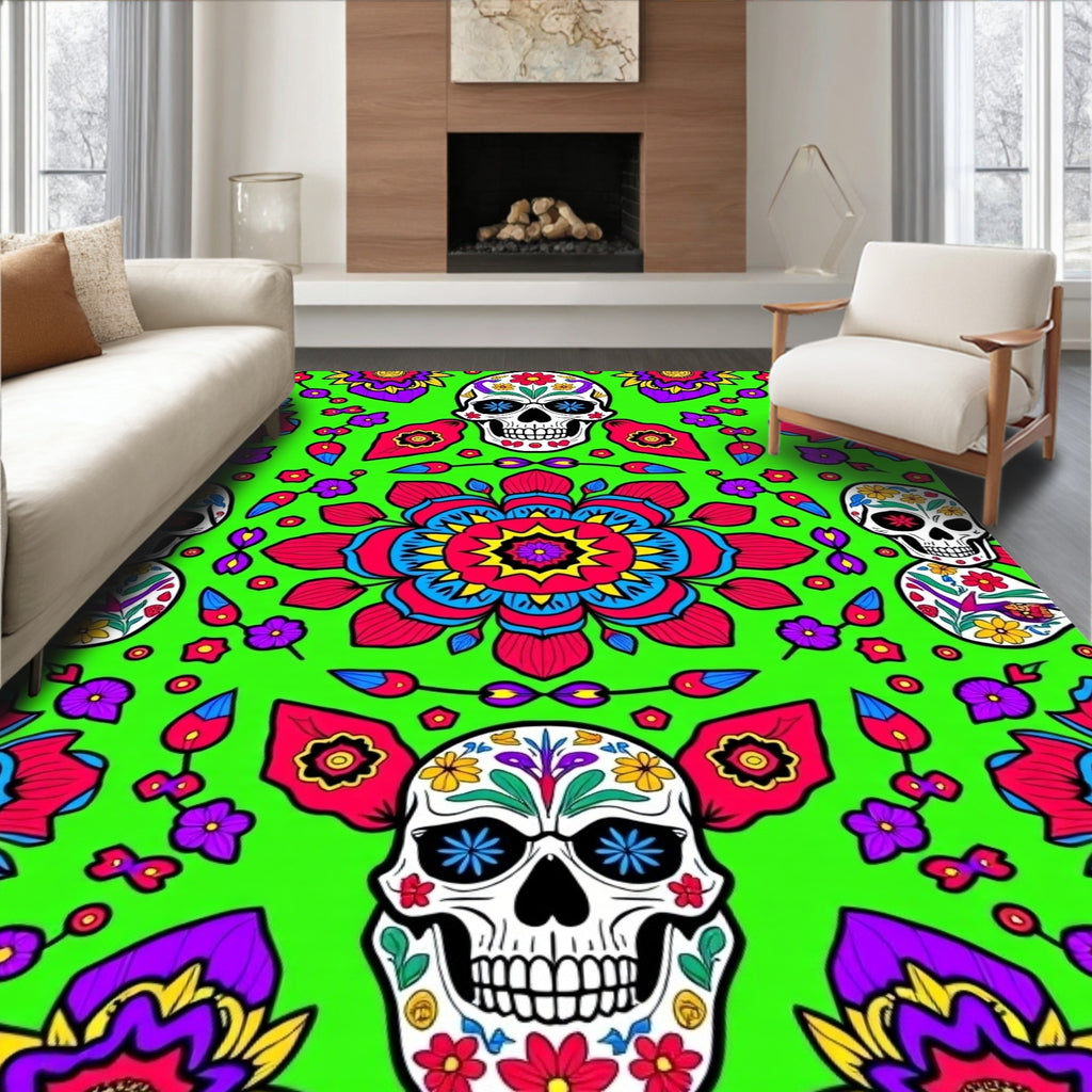 Vibrant Skull Floral Mandala Rug