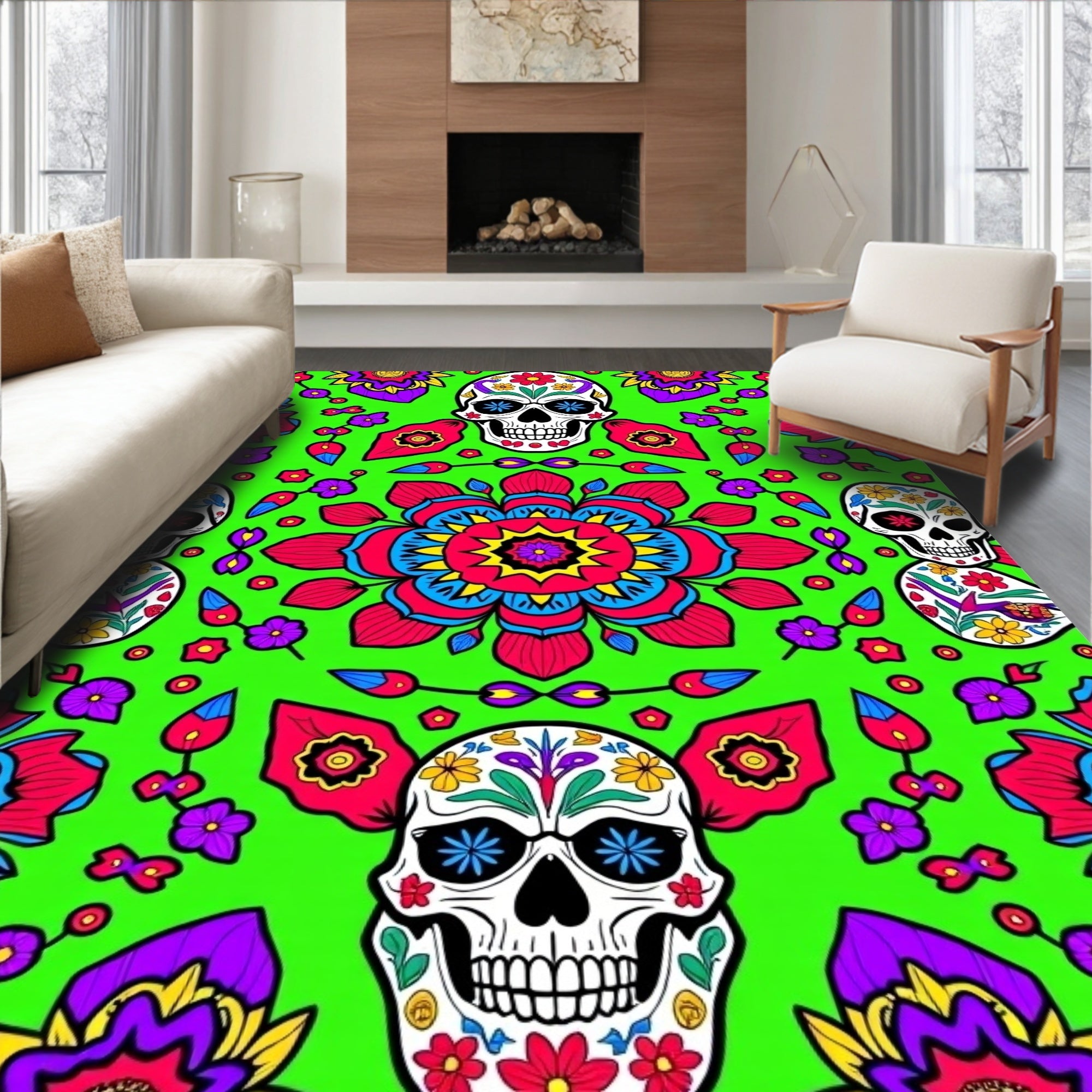 Vibrant Skull Floral Mandala Rug