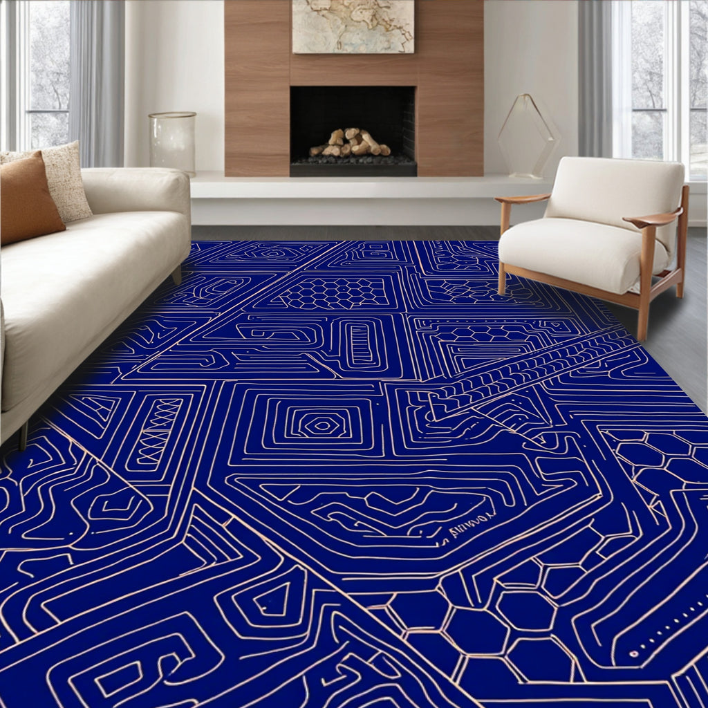 Abstract Navy Geometric Maze Rug