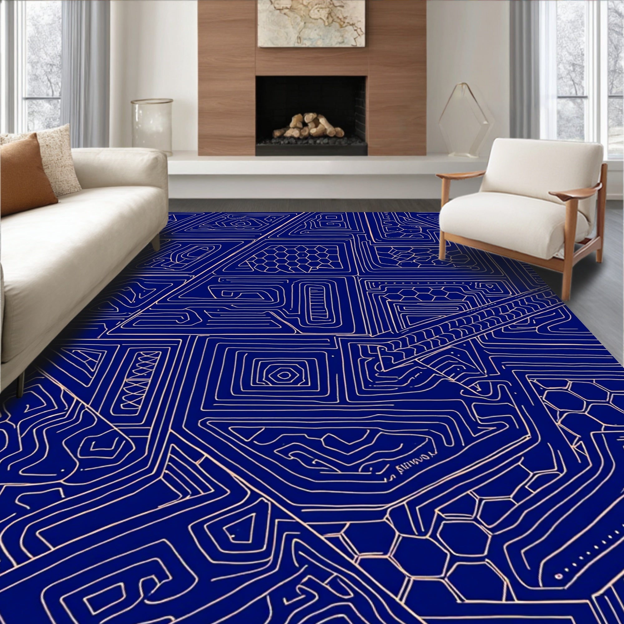 Abstract Navy Geometric Maze Rug