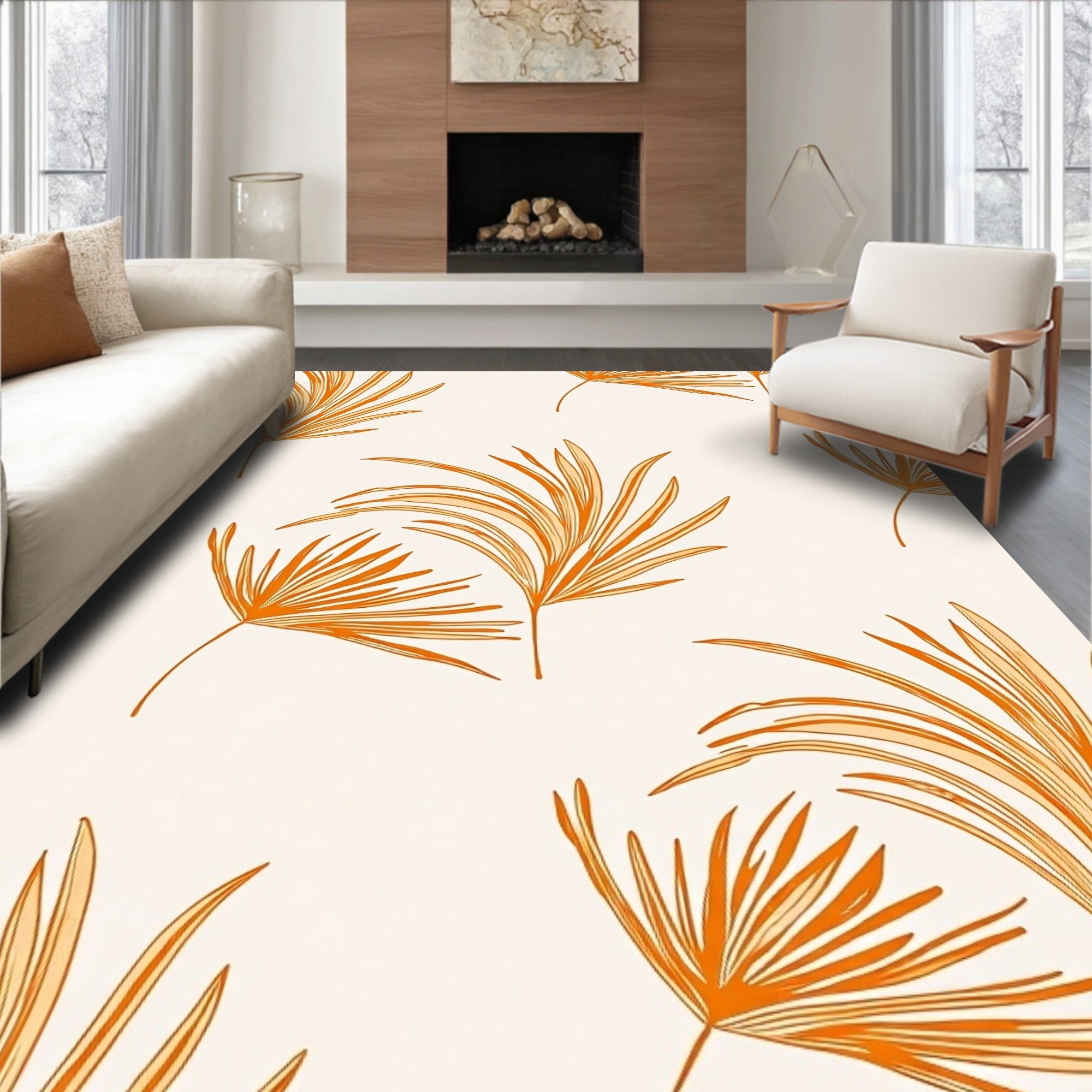 Tropical Orange Palm Frond Cream Rug