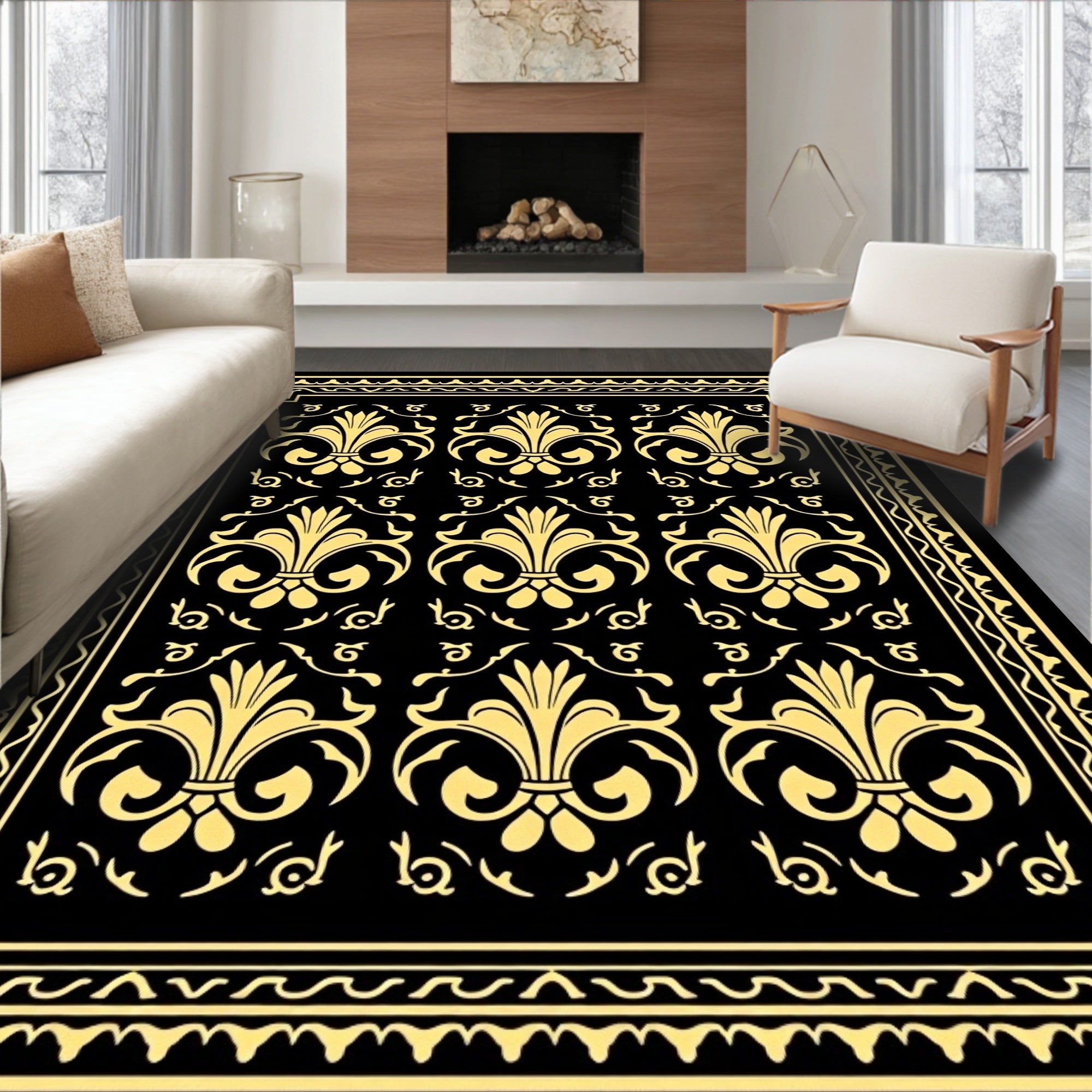 Classic Black and Gold Fleur de Lis Rug