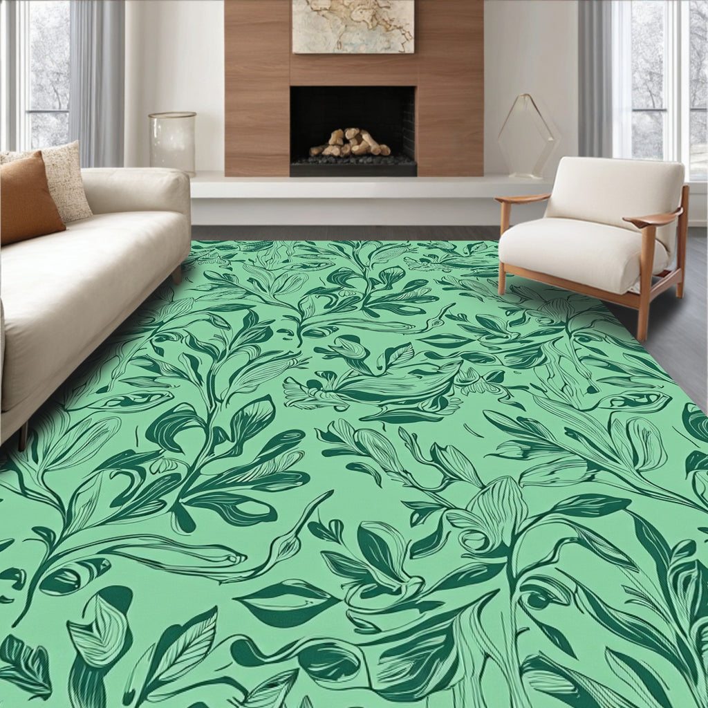 Verdant Emerald Leaf Swirls Rug