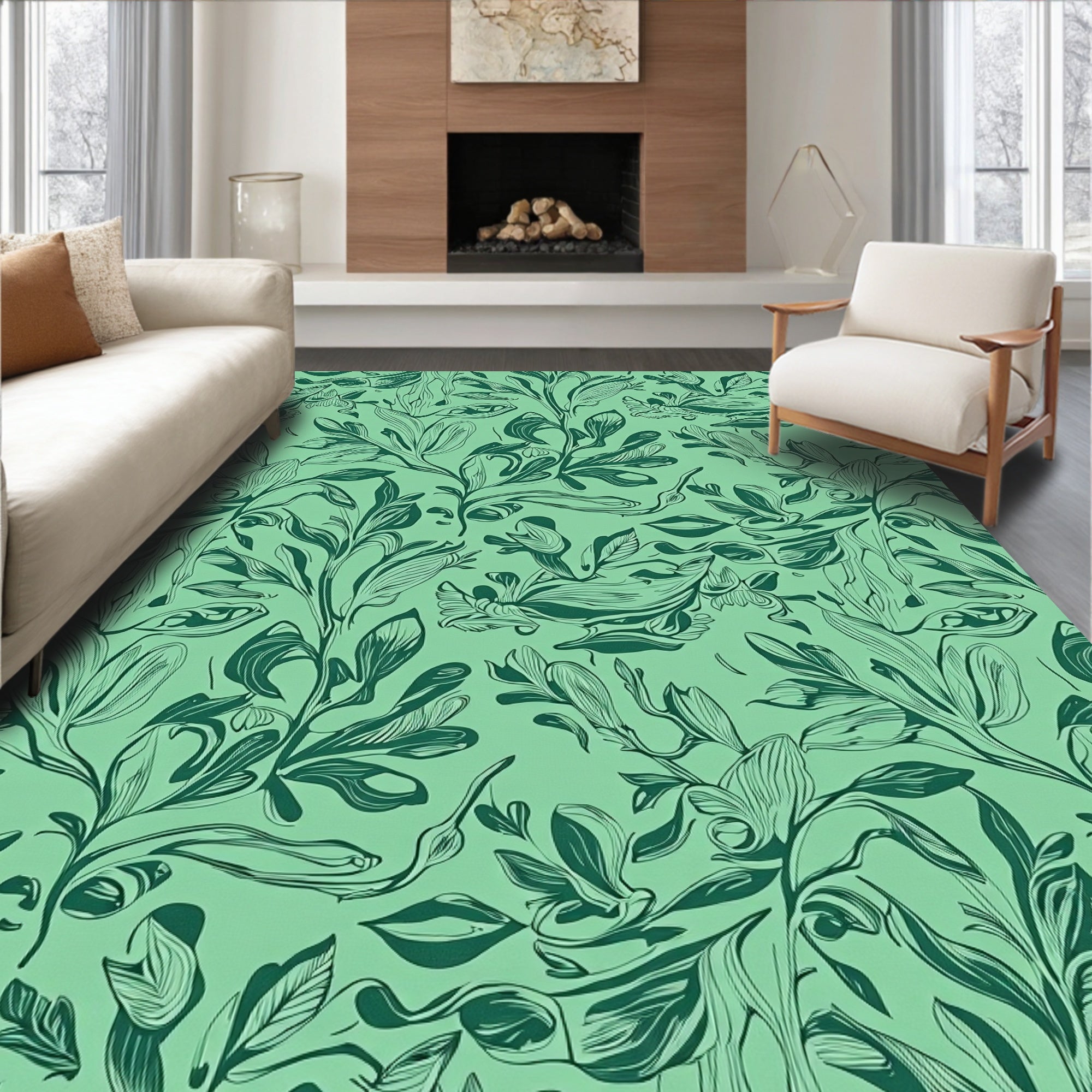Verdant Emerald Leaf Swirls Rug