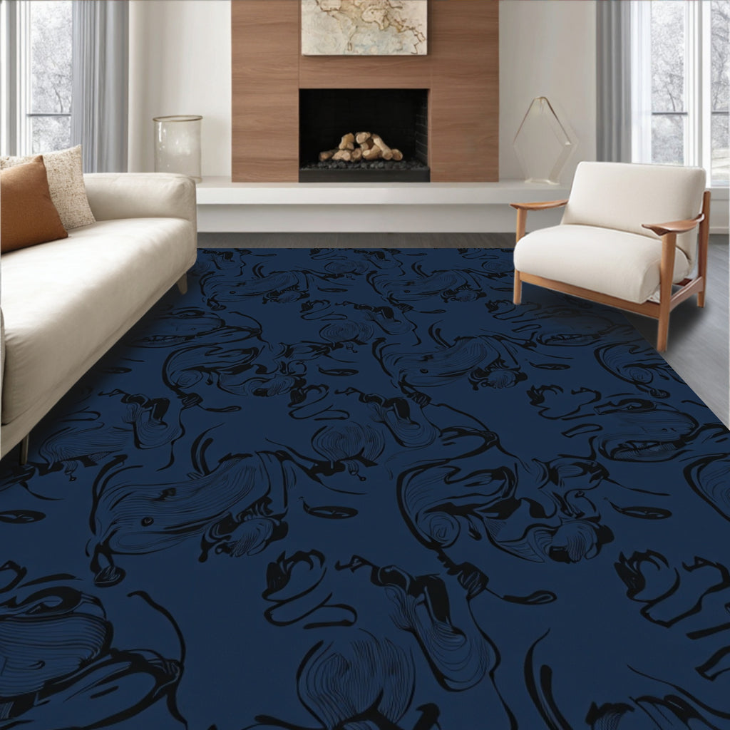 Dark Blue Abstract Ink Swirl Rug