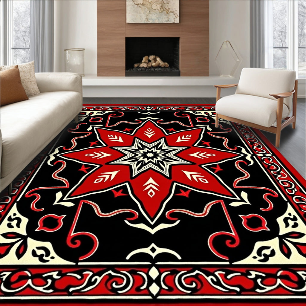 Bold Red Starburst Black Medallion Rug