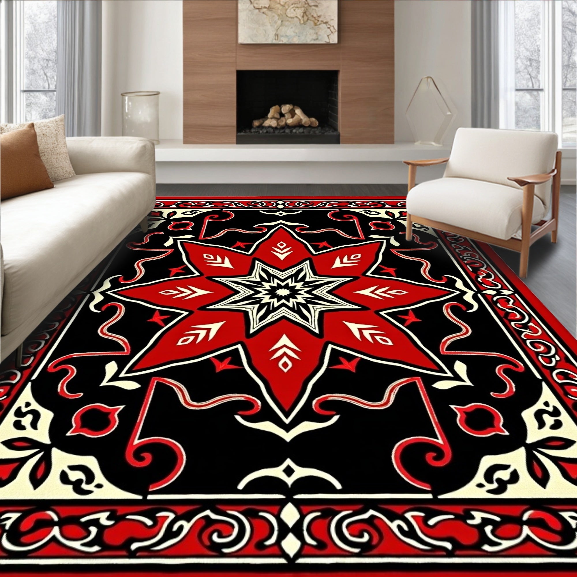 Bold Red Starburst Black Medallion Rug