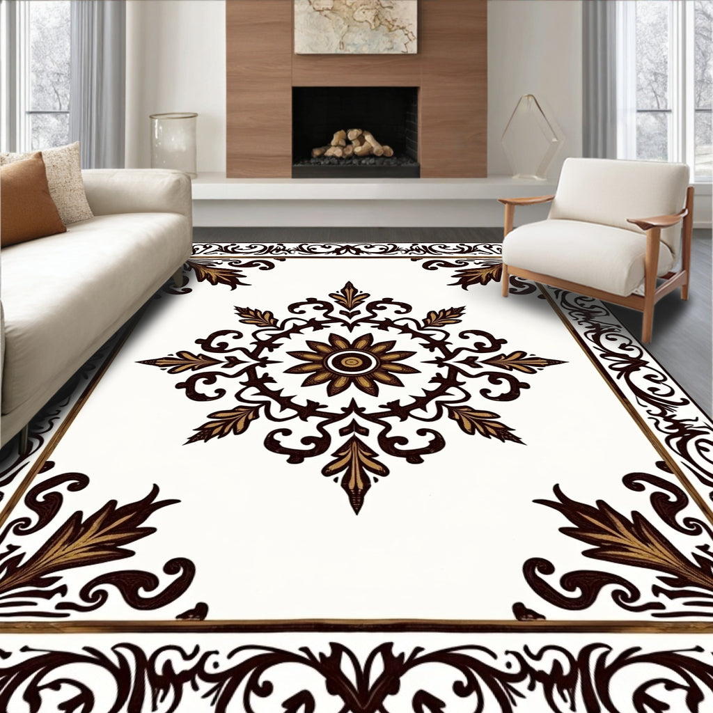 Elegant Brown Gold Floral Medallion Corner Rug
