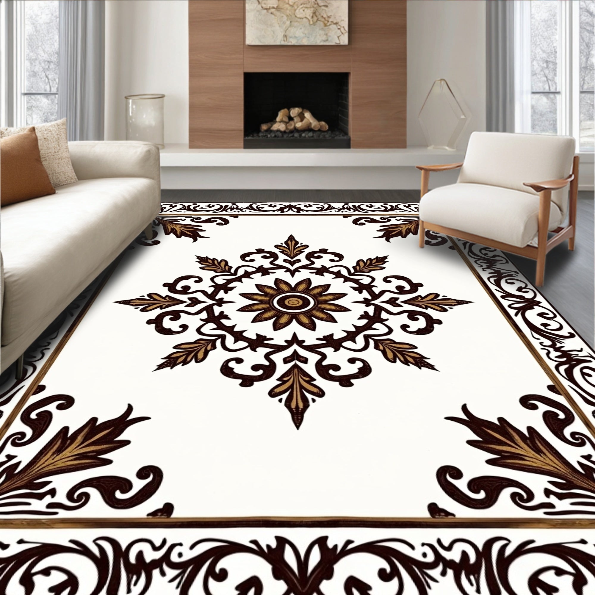 Elegant Brown Gold Floral Medallion Corner Rug