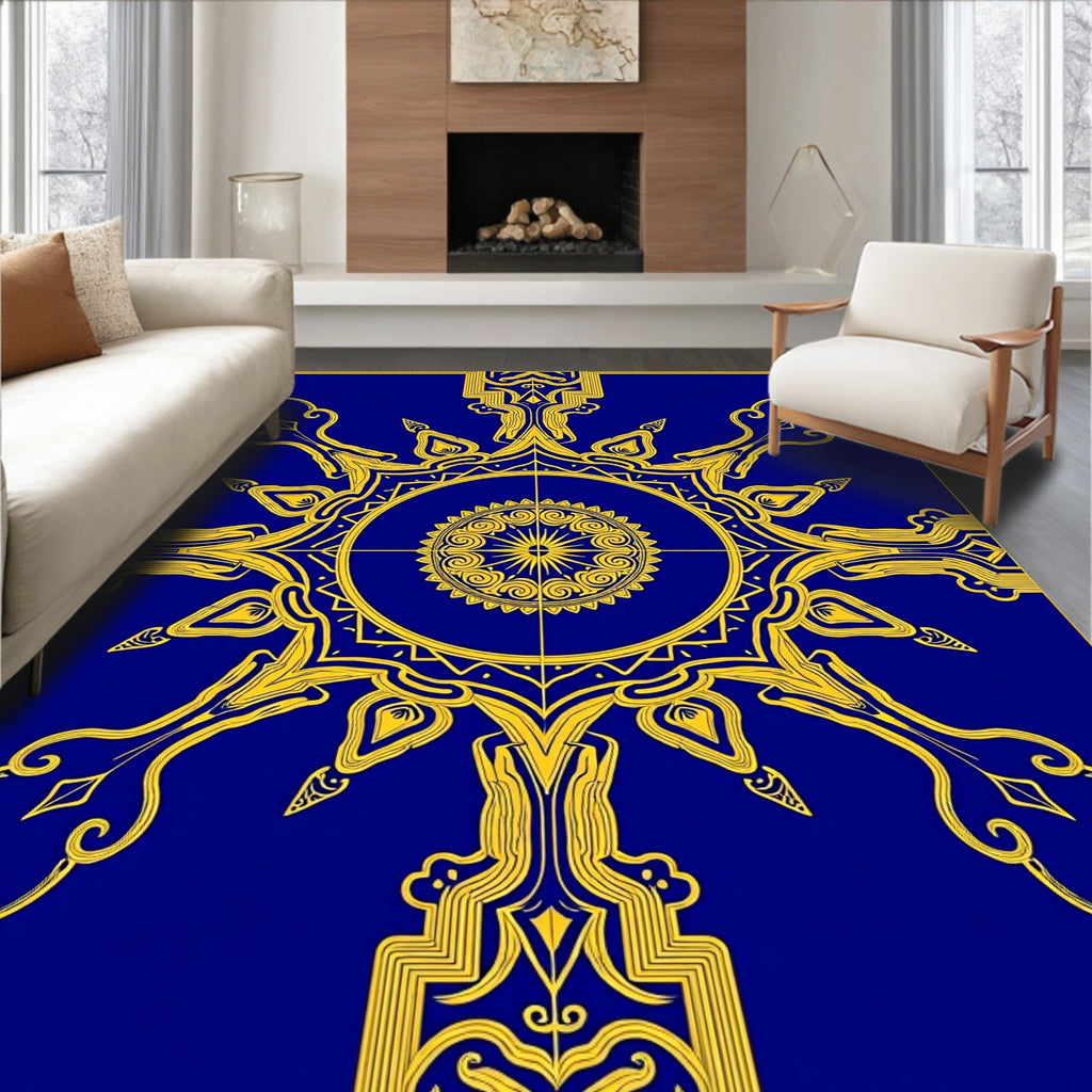 Royal Blue Gold Sunburst Medallion Rug