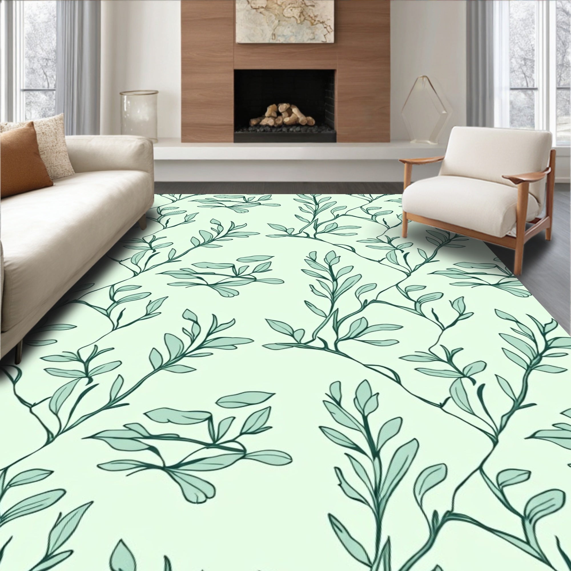 Mint Green Leafy Vine Scroll Rug