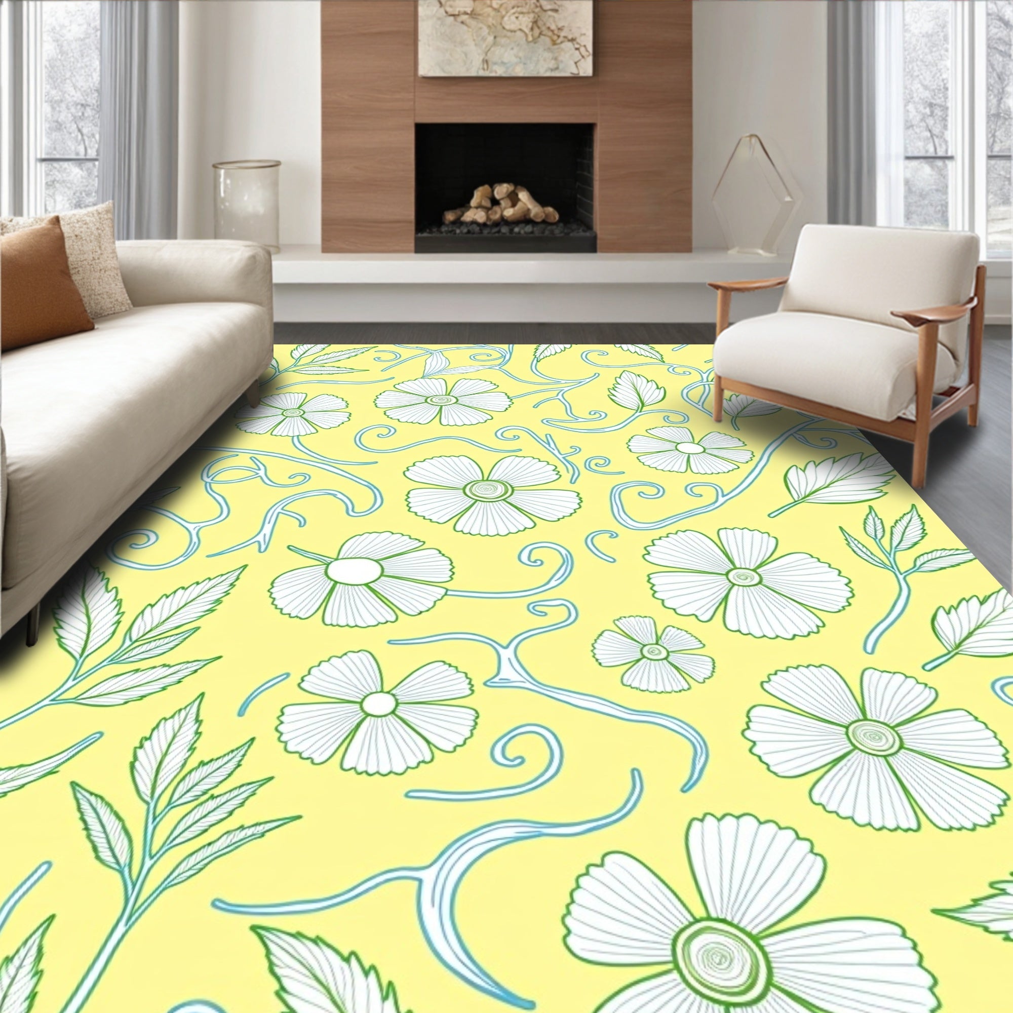 Yellow Floral Vine Swirl Rug