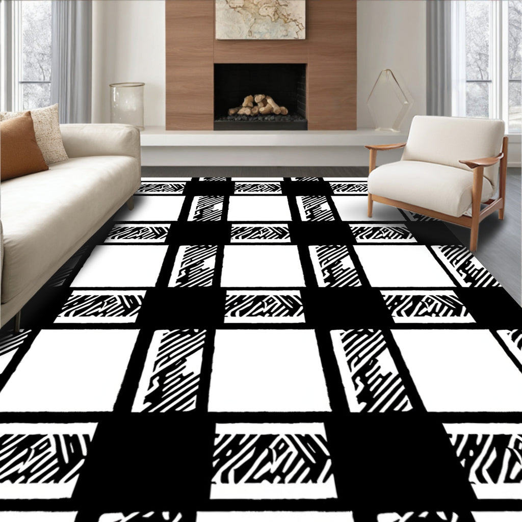 Black White Checked Graphic Squares Rug