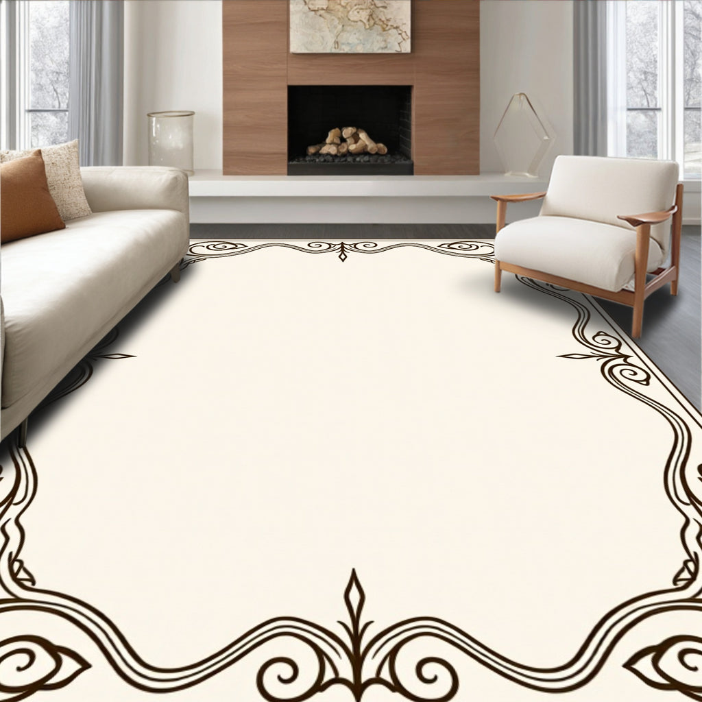 Elegant Cream Black Swirling Floral Frame Rug