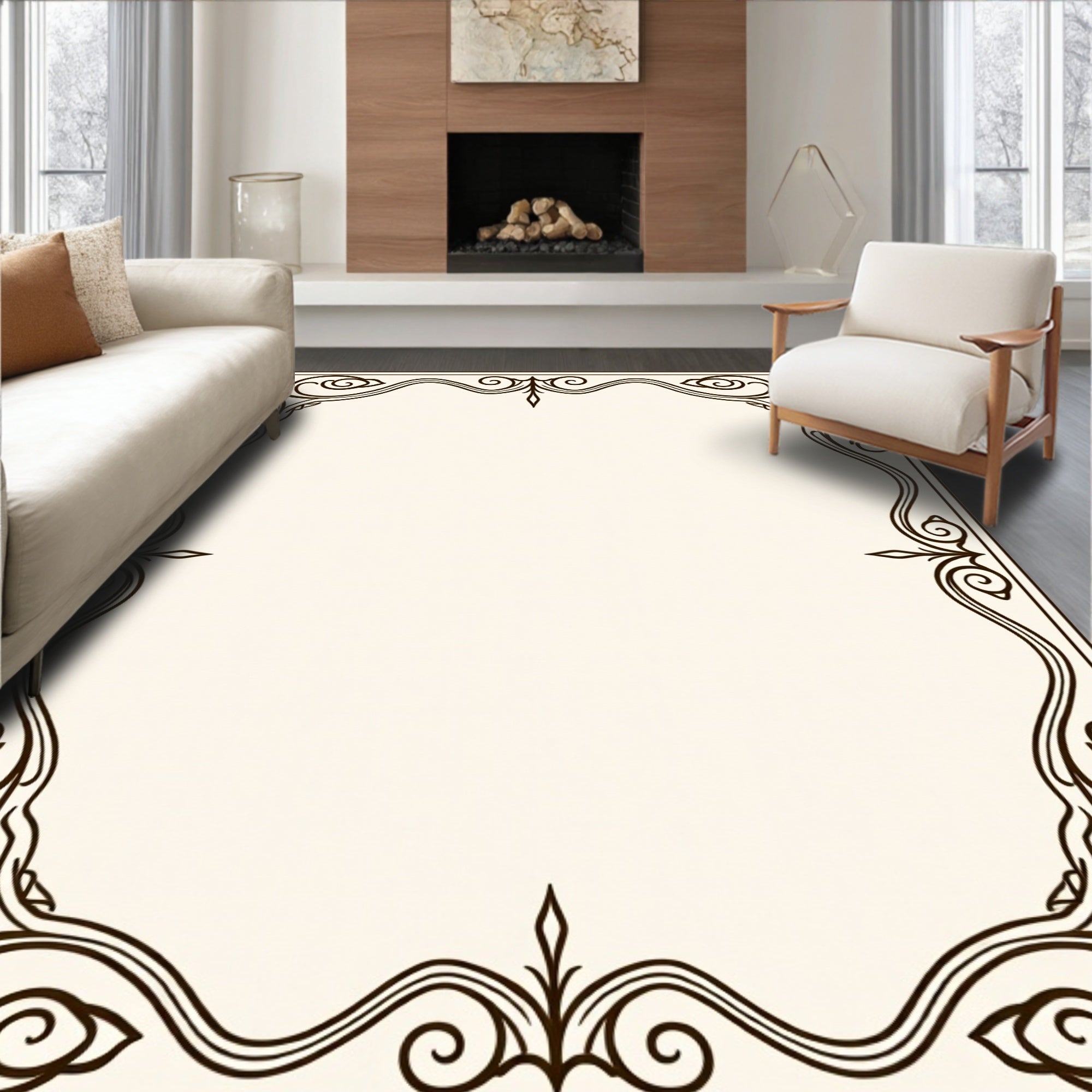 Elegant Cream Black Swirling Floral Frame Rug