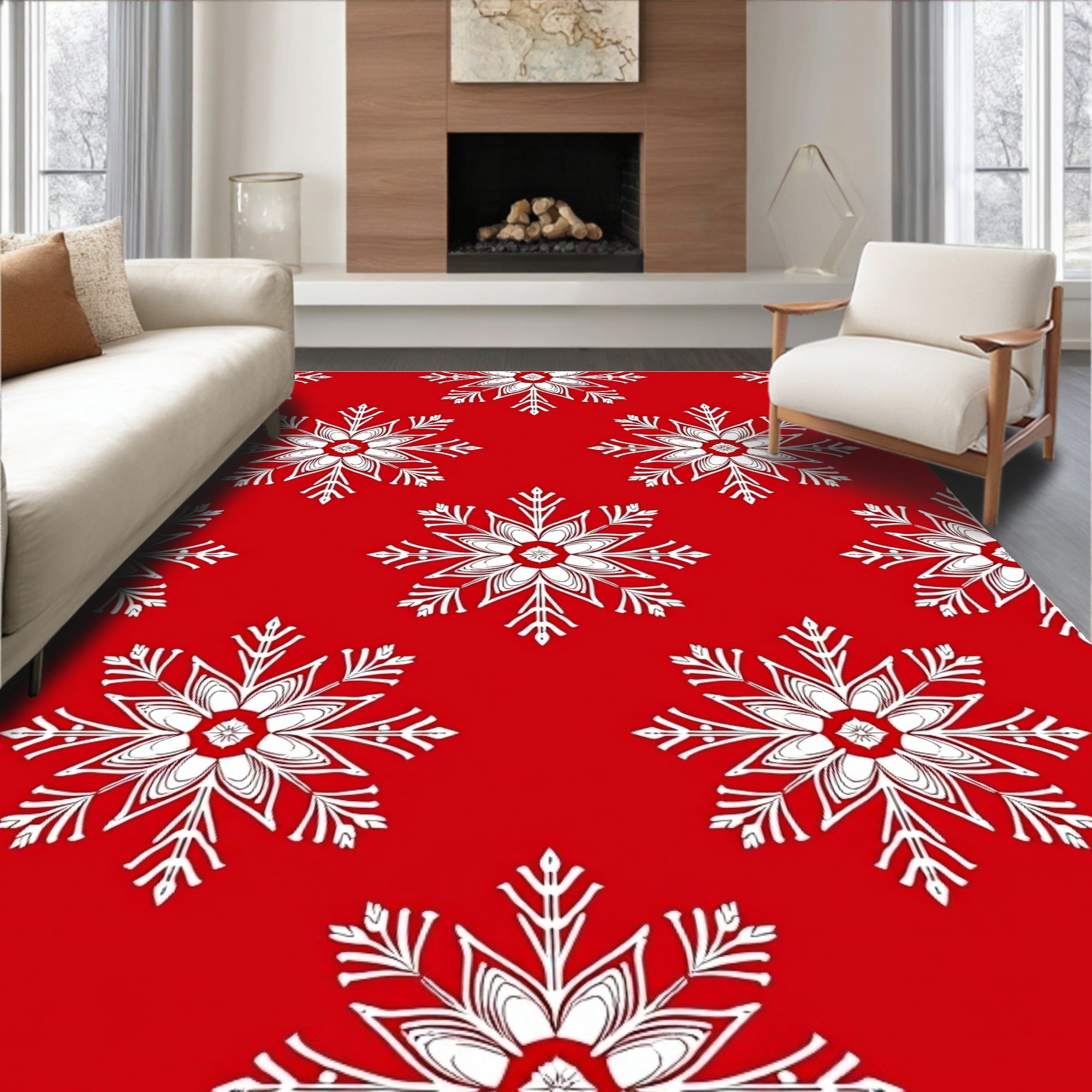 Red White Snowflake Holiday Festive Rug