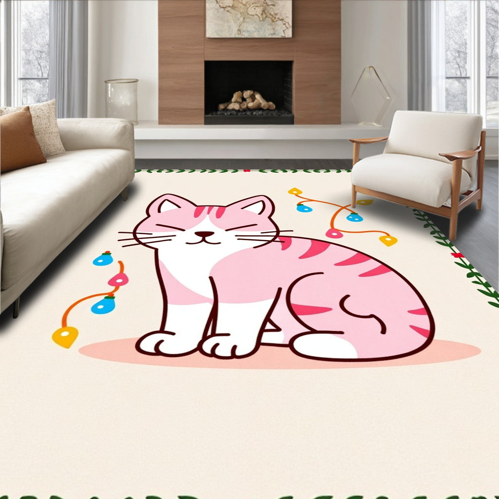 Pink Kitten with Festive Lights Border Rug