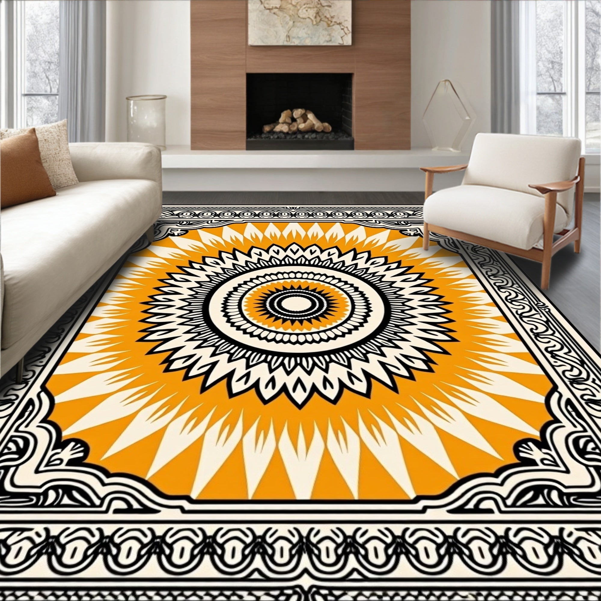 Radiant Orange Sunburst Mandala Frame Rug