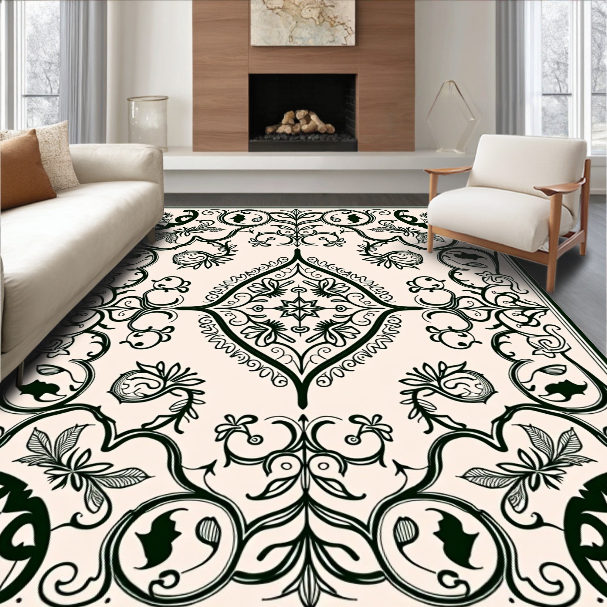 Ornate Dark Green Floral Scroll Rug