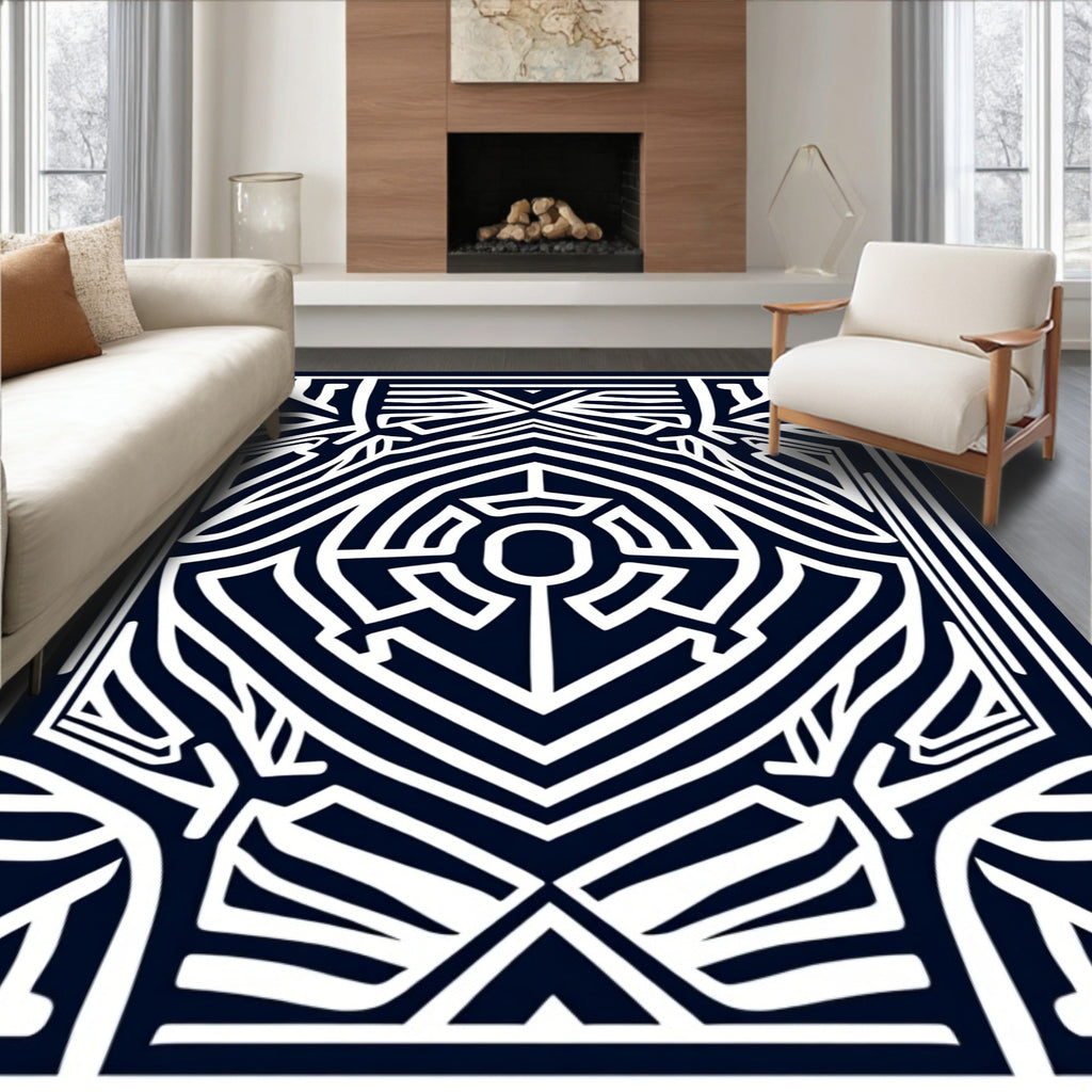 Dark Navy White Geometric Maze Rug
