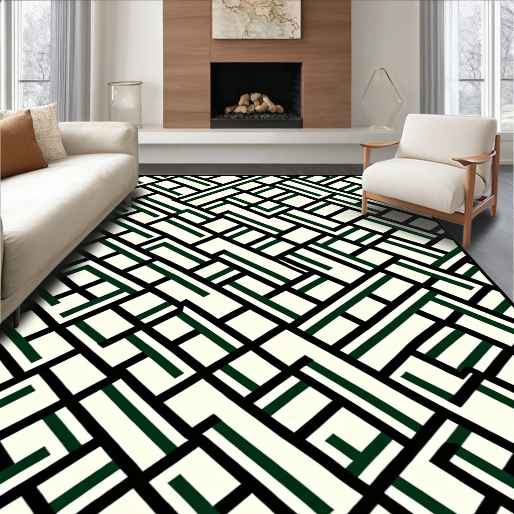 Modern Cream Emerald Intersecting Lines Rug