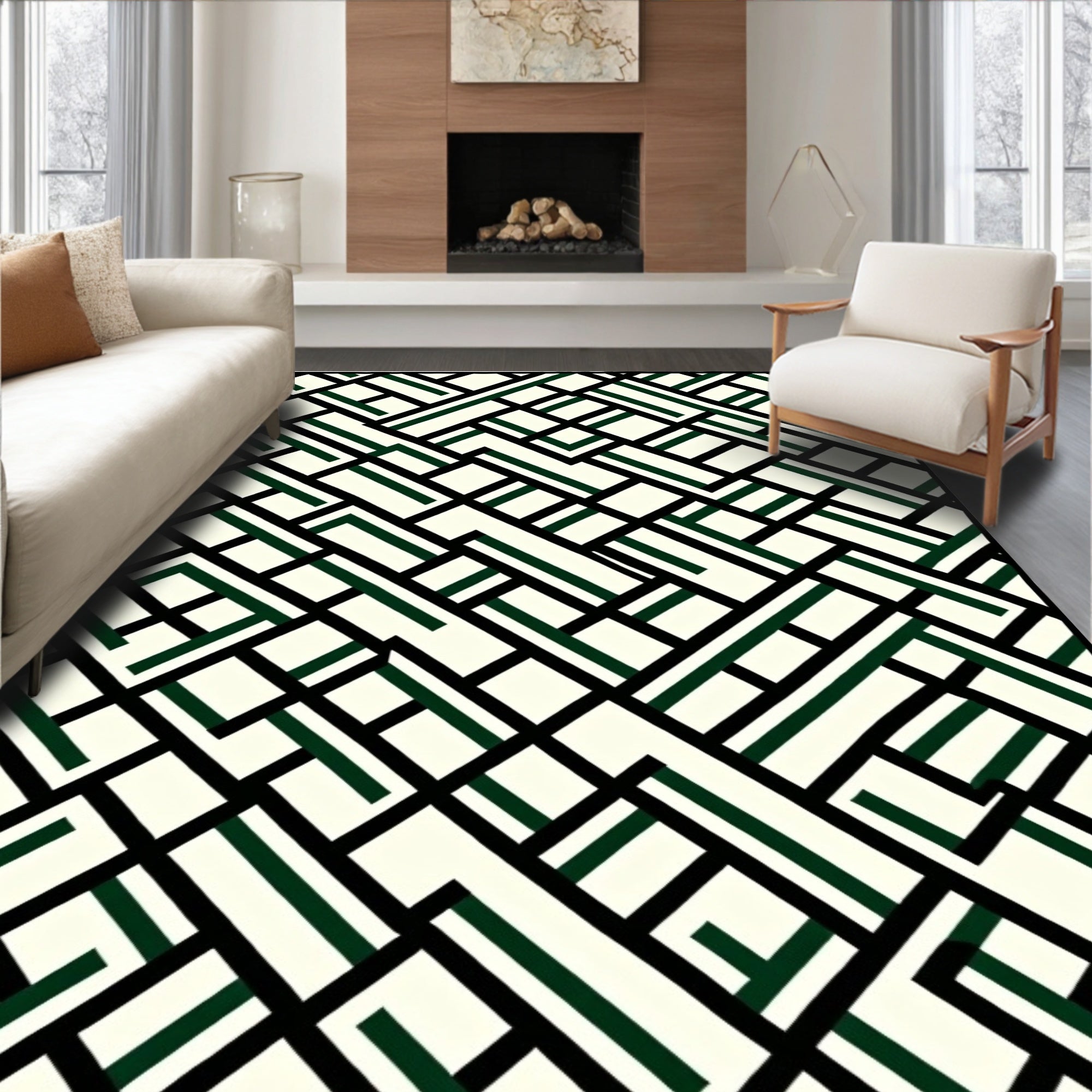 Modern Cream Emerald Intersecting Lines Rug