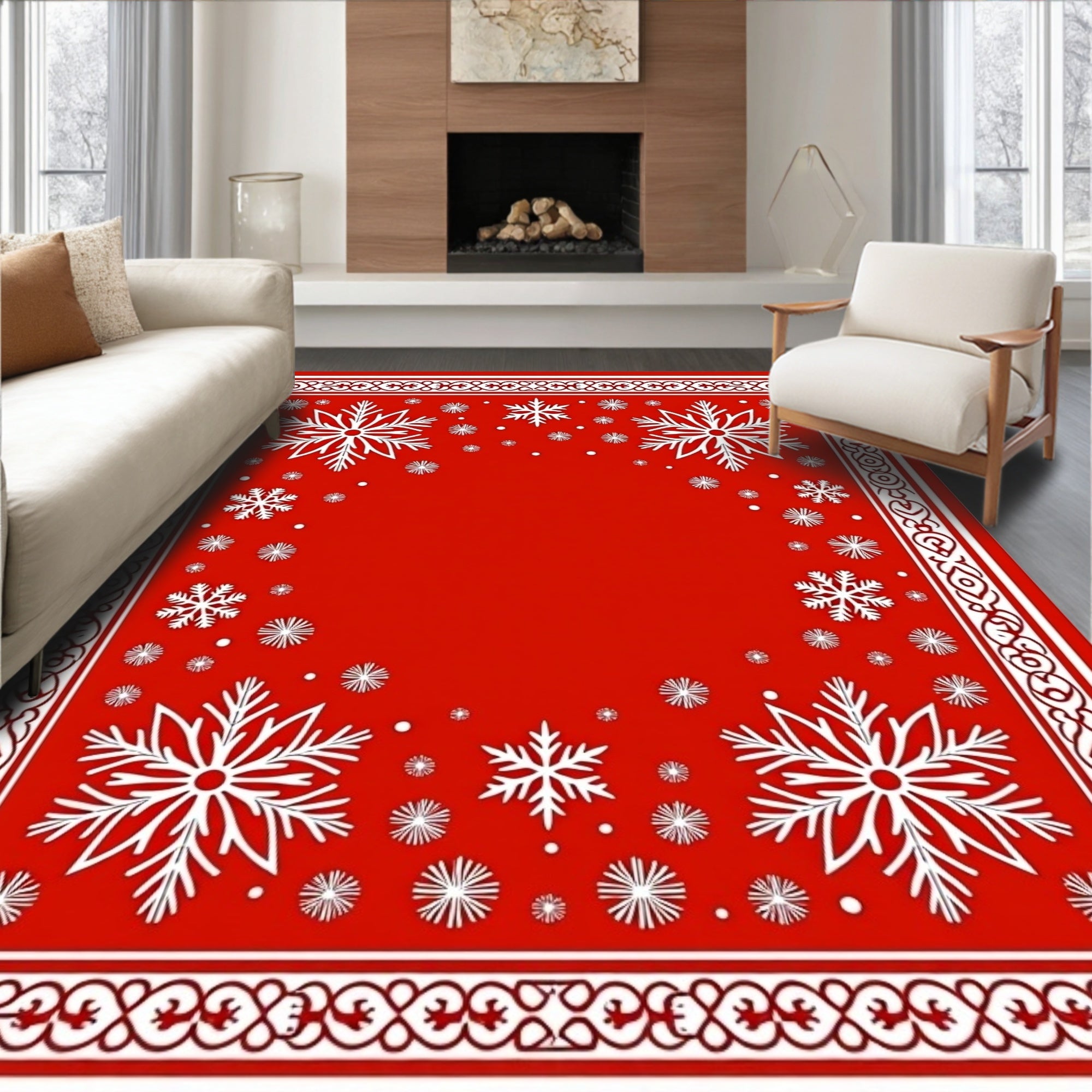 Crimson Snowflake Holiday Border Rug
