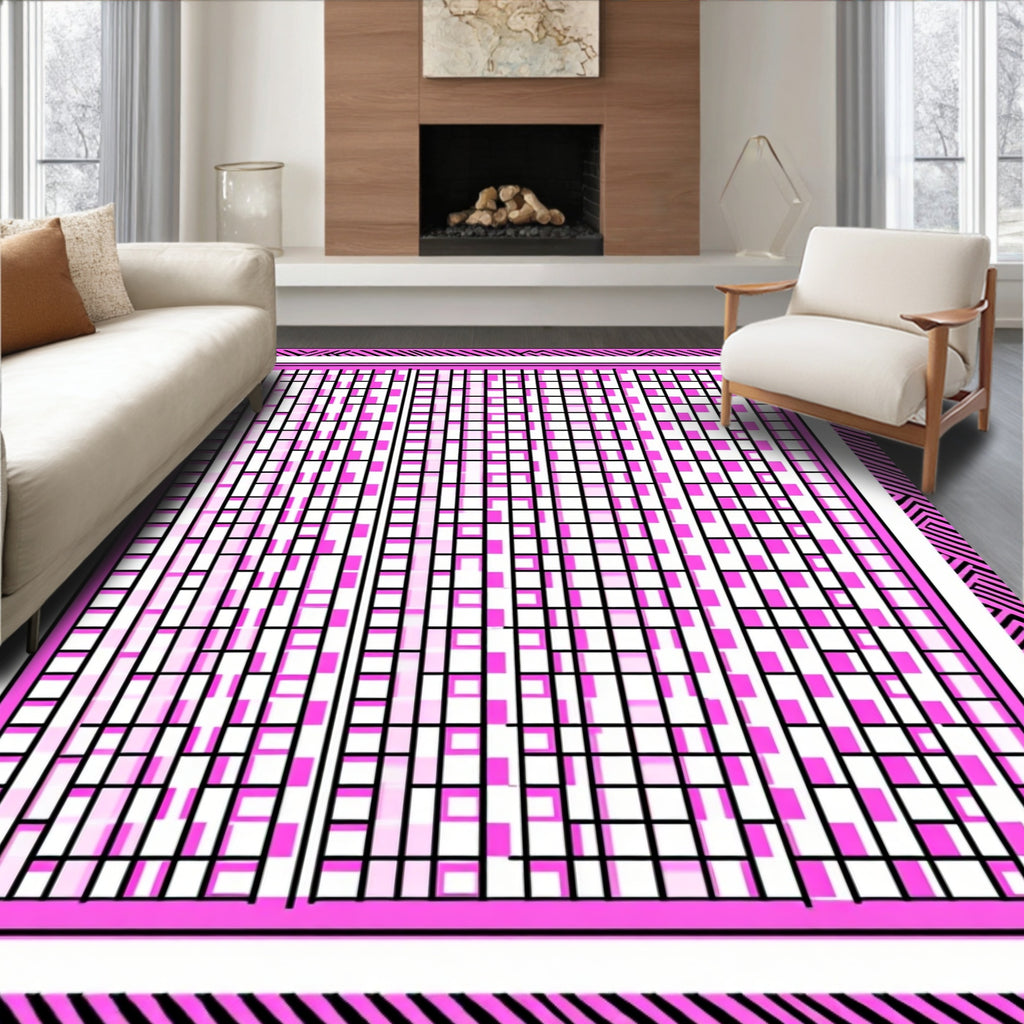 Pink Black Geometric Labyrinth Rug