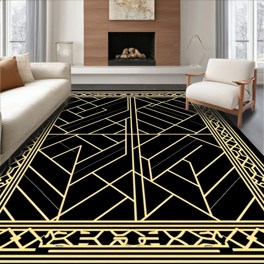 Art Deco Golden Geometric Black Rug