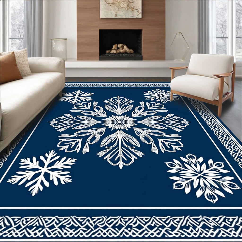 Navy White Snowflake Medallion Border Rug