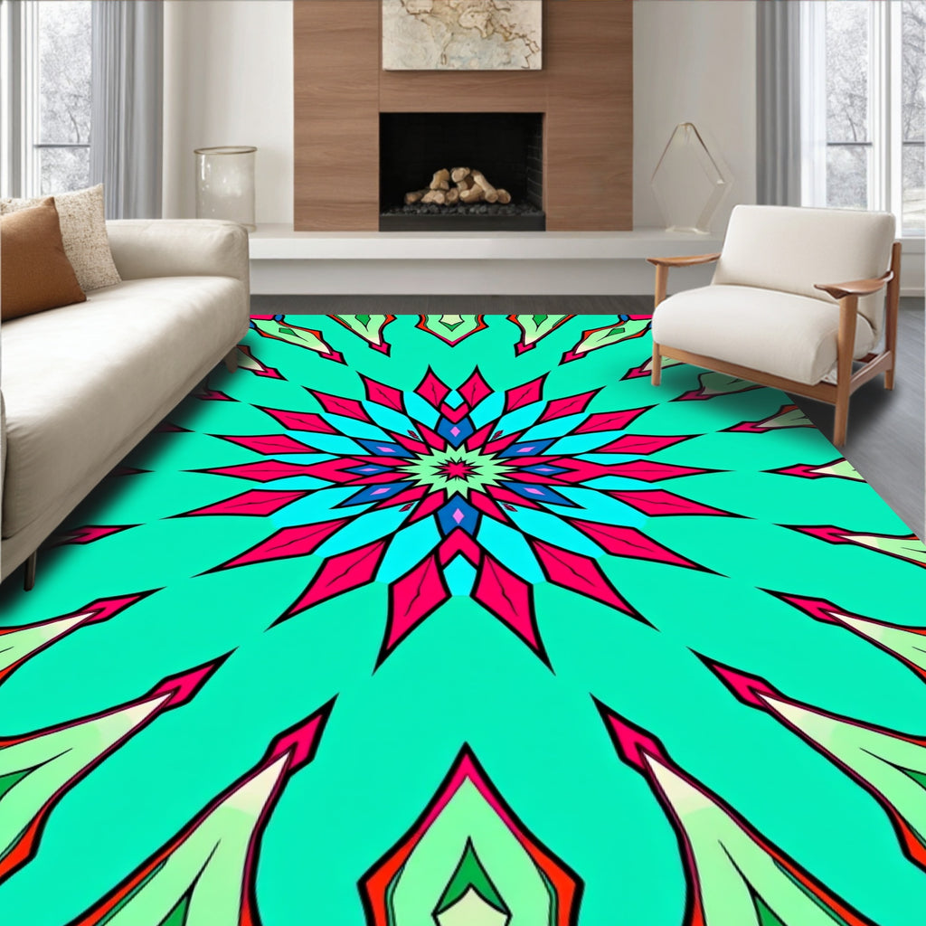 Radiant Teal Flower Mandala Rug