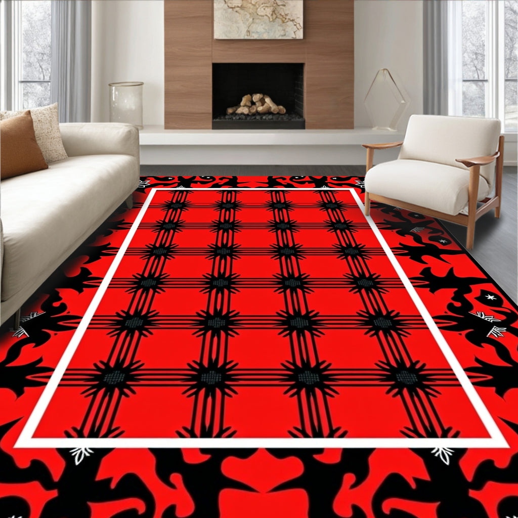 Bold Red Floral Starburst Grid Rug