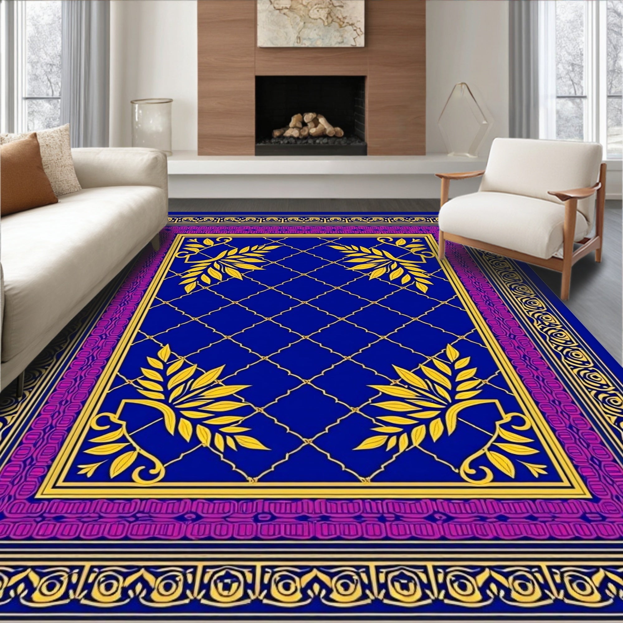 Rich Blue Golden Leaf Border Rug