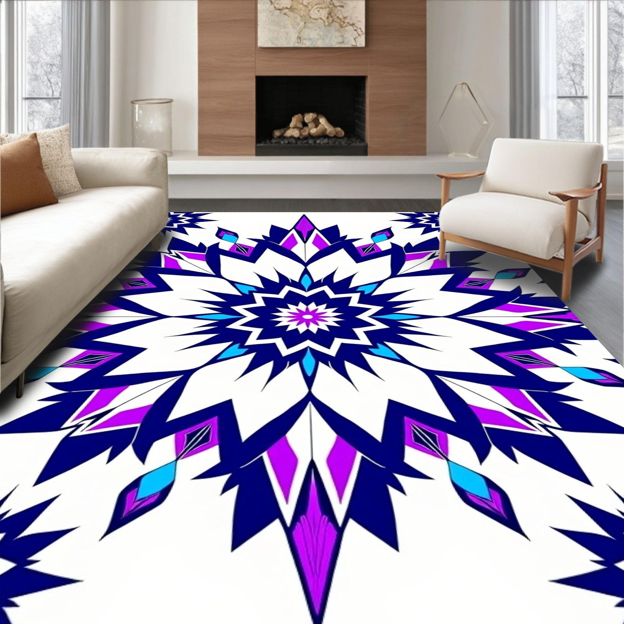 Vibrant Blue Violet Starburst Mandala Rug