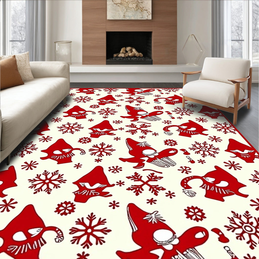 Red Gnomes Snowflakes Cream Background Rug
