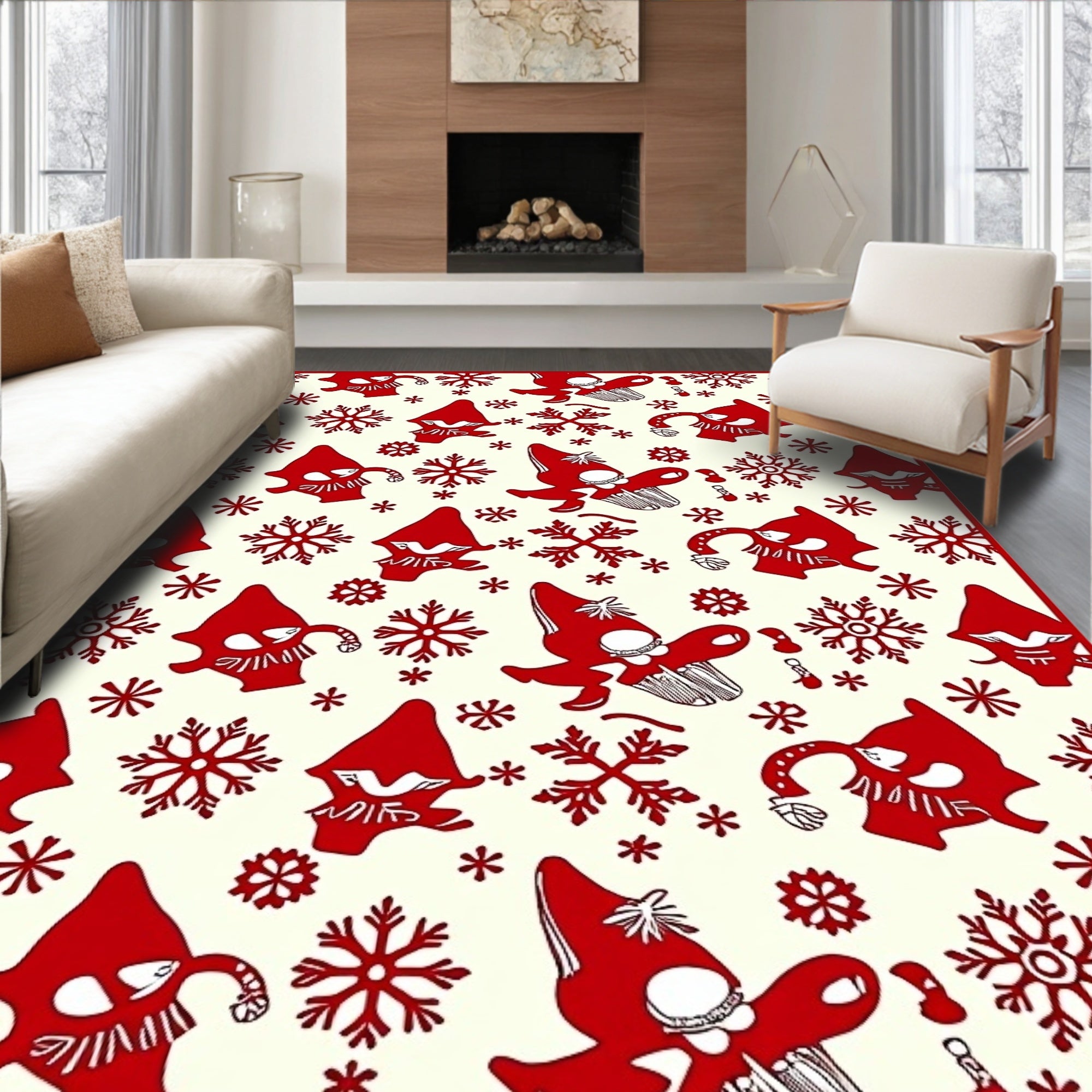 Red Gnomes Snowflakes Cream Background Rug