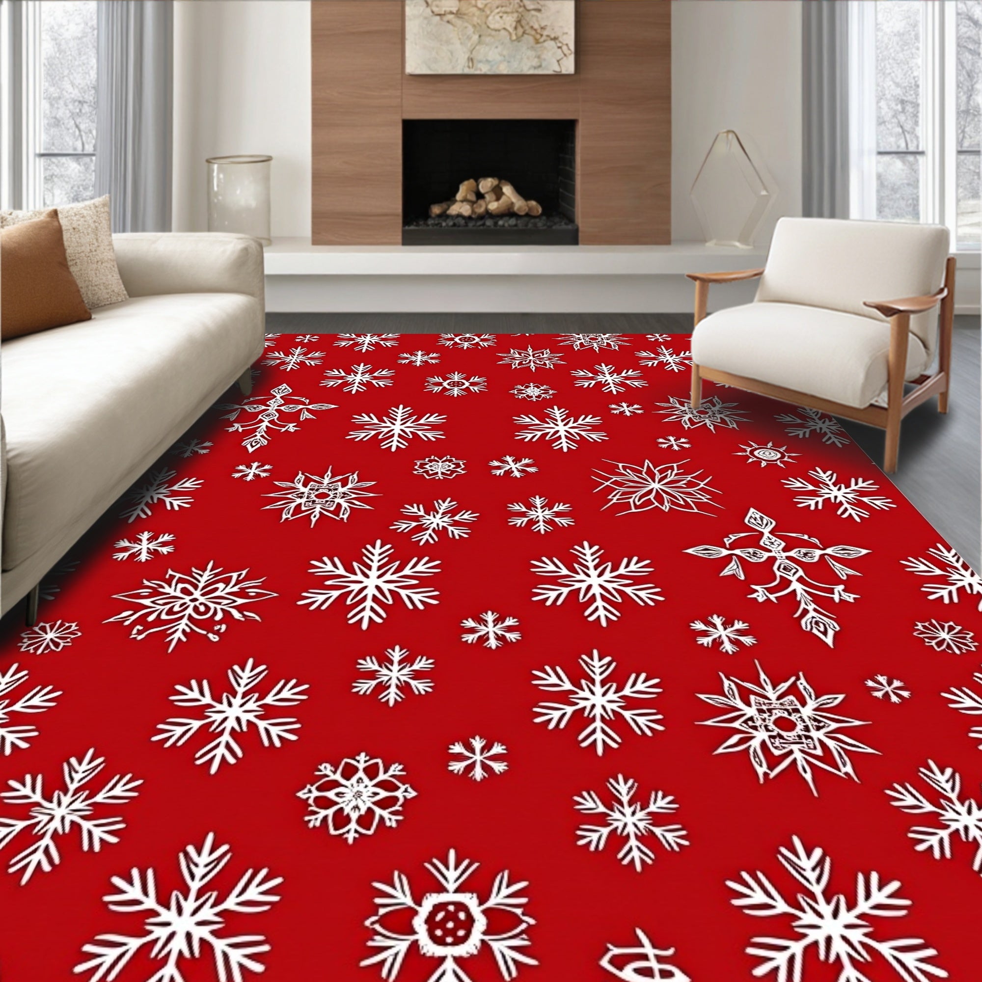 Crimson White Snowflake Scatter Rug