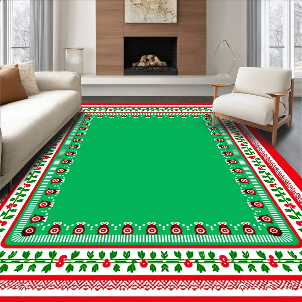 Red Green Folk Art Floral Border Rug