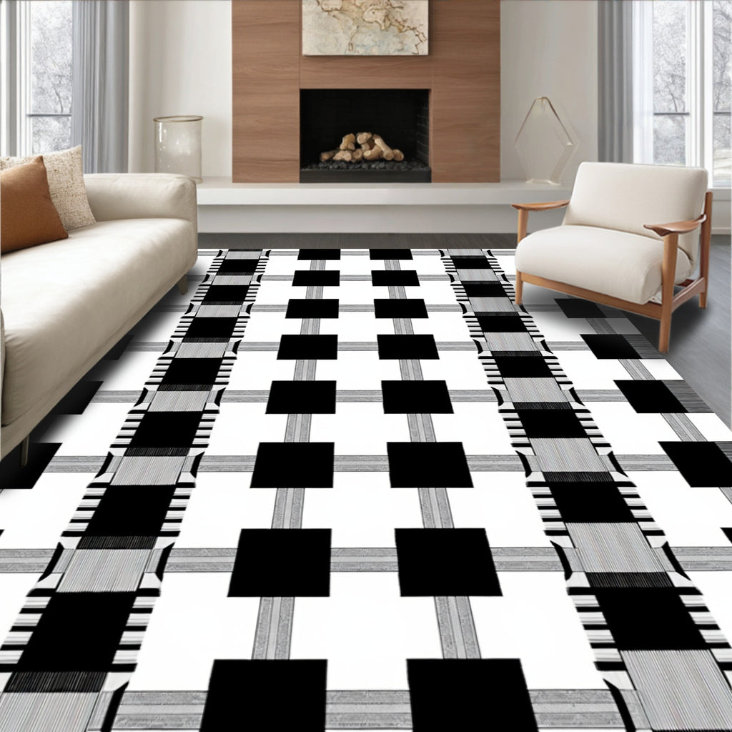 Monochromatic Black Grid Line Rug