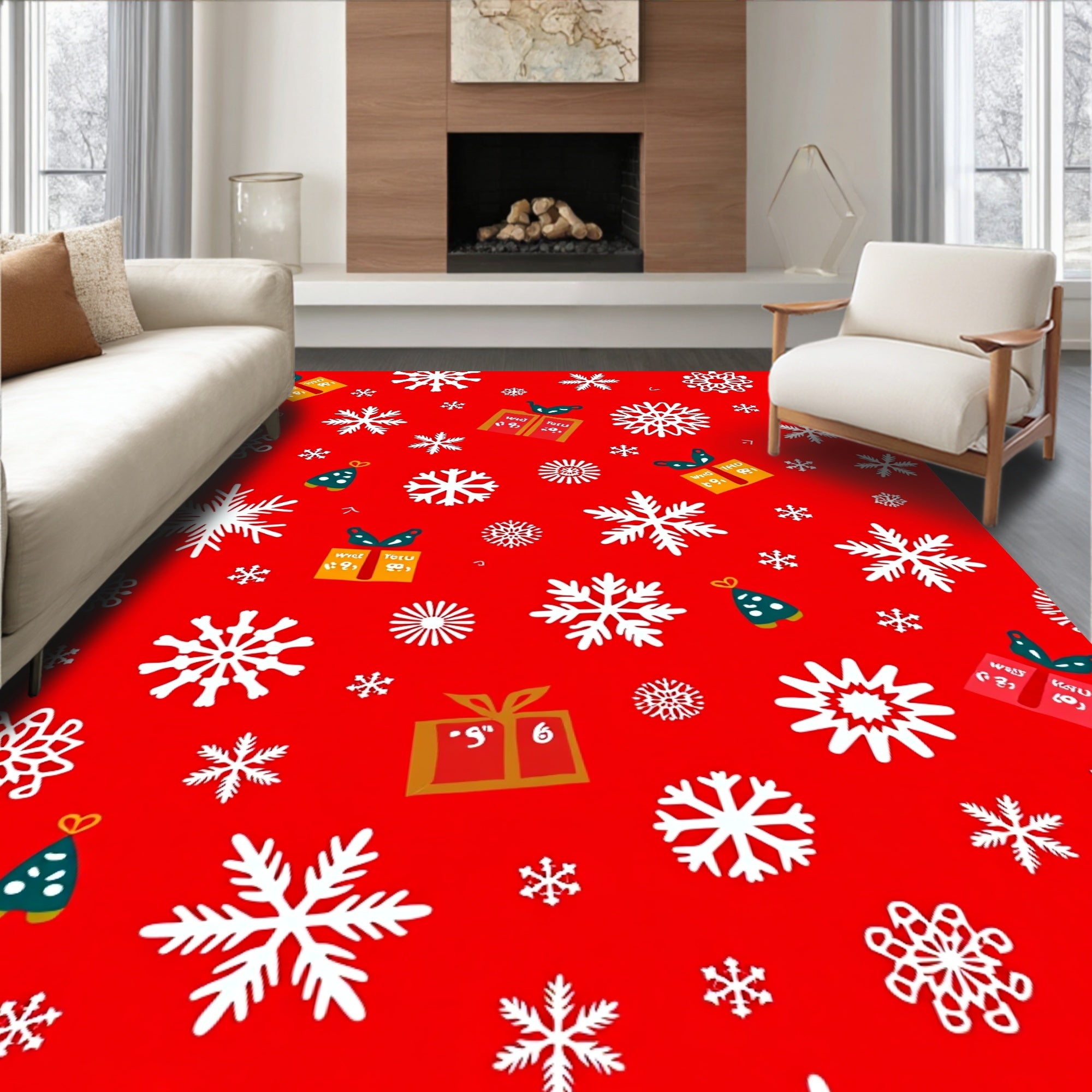 Red White Snowflake Gift Tree Rug